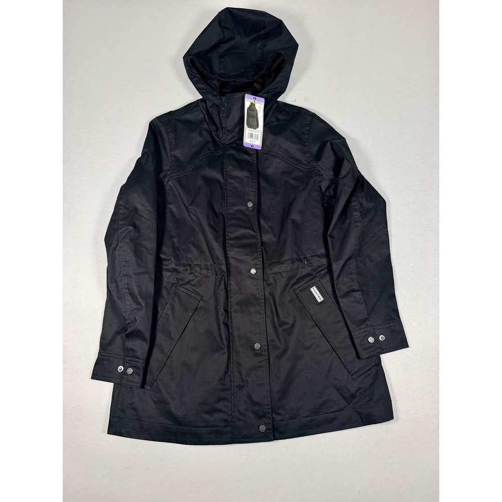 Hunter Coat Womens XS Black Hooded Rain Full Zip Lined Pockets Mid Length
